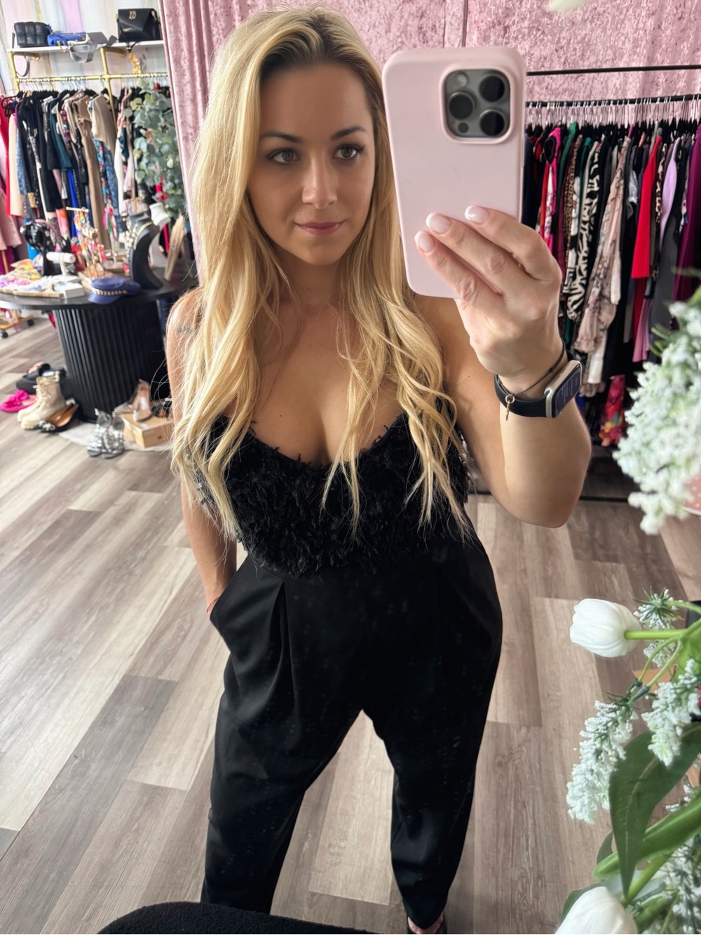 Zara Black Feather-Trim Jumpsuit